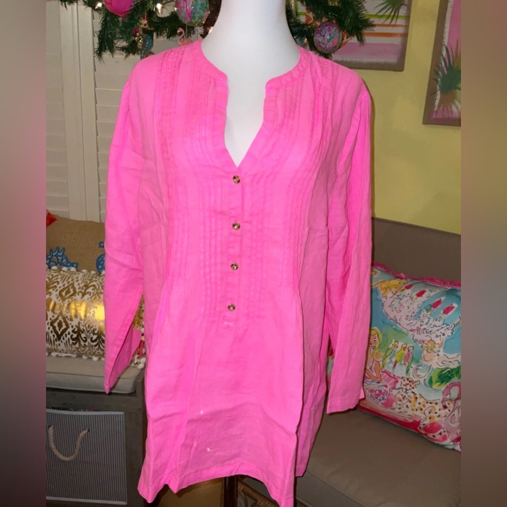 Lilly Pulitzer NWT Sarasota Seacoast Linen Tunic Pink Isle Size XL - Picture 2 of 9